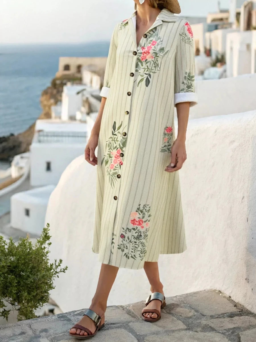 Floral Striped Button - Down Midi Shirt Dress - 