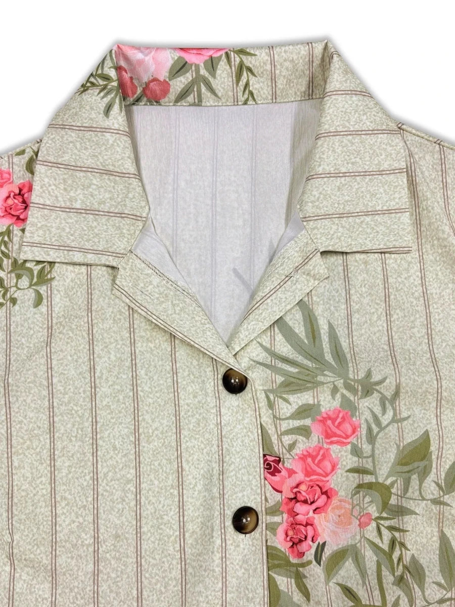 Floral Striped Button - Down Midi Shirt Dress - 