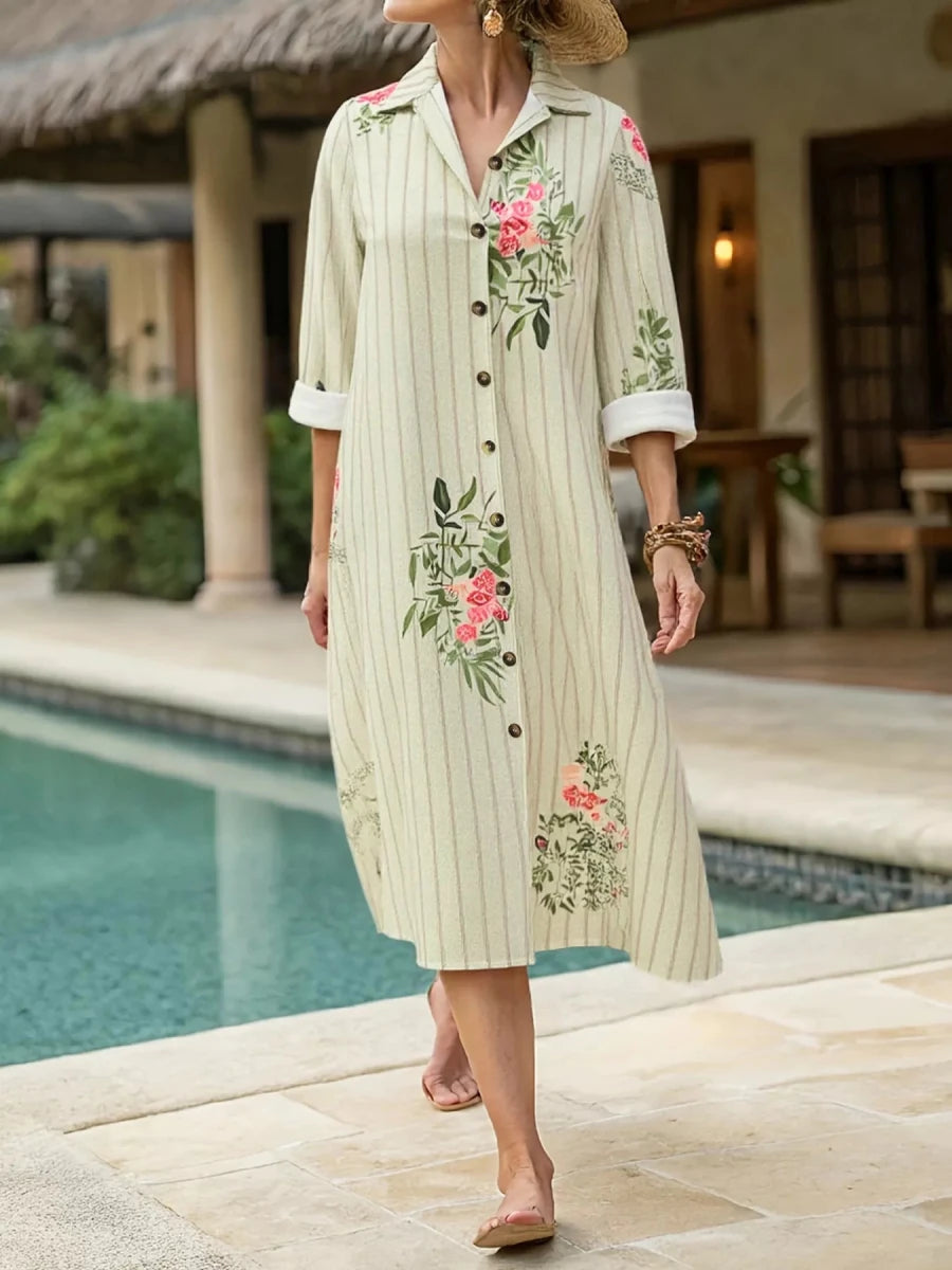Floral Striped Button - Down Midi Shirt Dress - 
