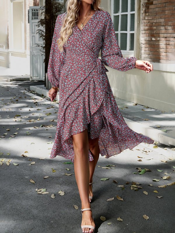Floral wrap casual resort style strappy full skirt dress - Day Dress