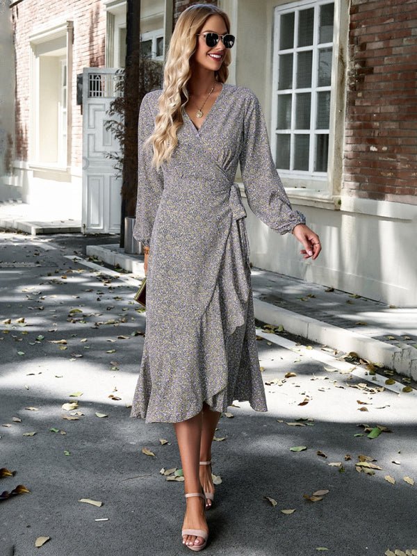 Floral wrap casual resort style strappy full skirt dress - Day Dress