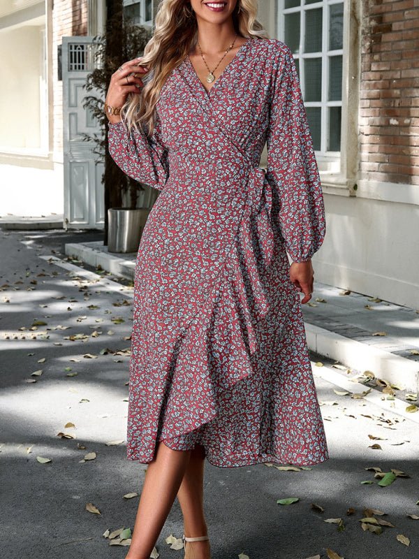 Floral wrap casual resort style strappy full skirt dress - Day Dress