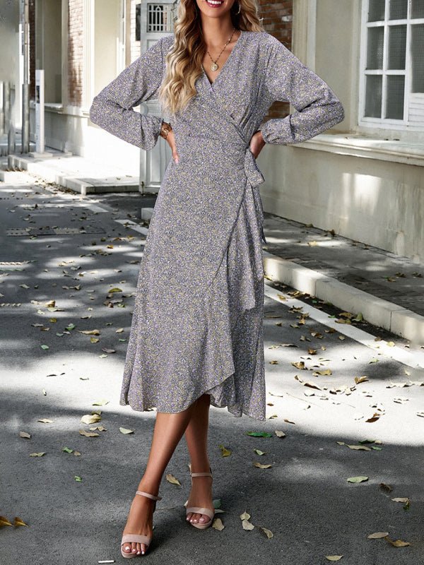 Floral wrap casual resort style strappy full skirt dress - Day Dress
