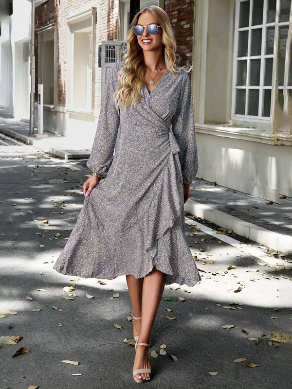 Floral wrap casual resort style strappy full skirt dress - Day Dress