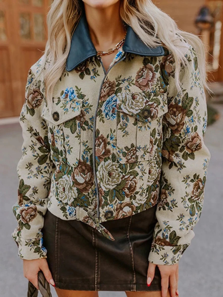 Floral Zip Up Collared Jacket - 