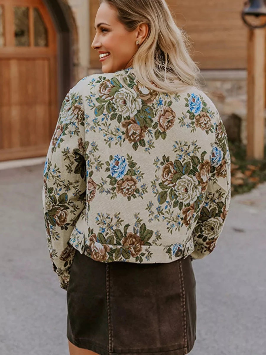 Floral Zip Up Collared Jacket - 