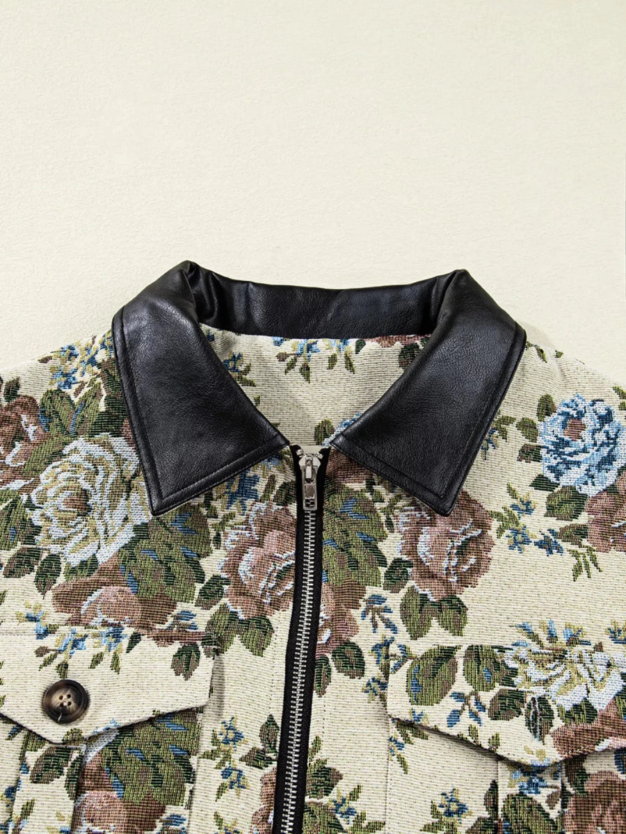 Floral Zip Up Collared Jacket - 