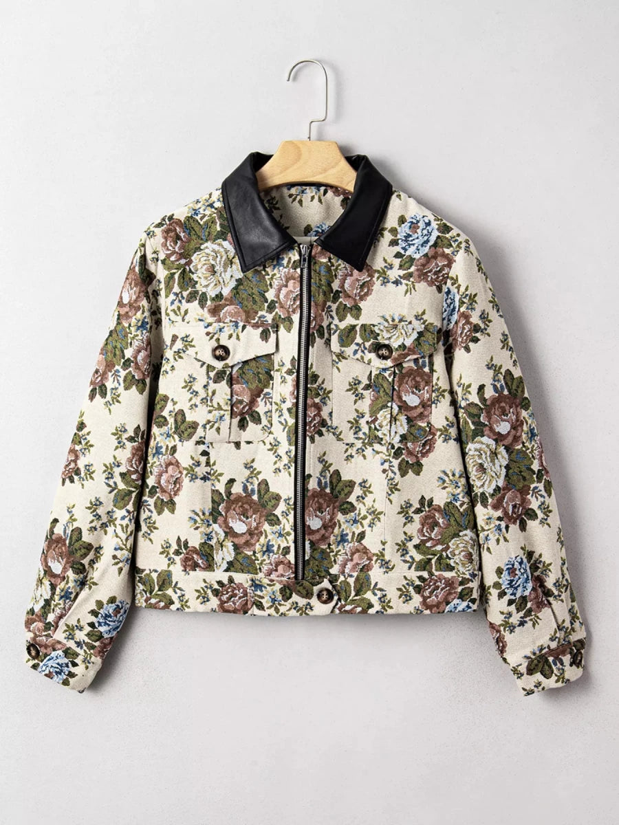 Floral Zip Up Collared Jacket - 