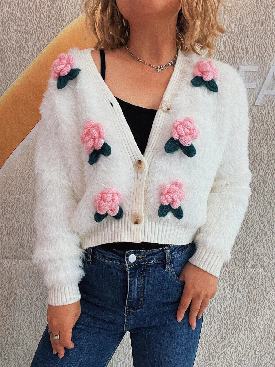 Flower Fuzzy Button - Up Cardigan - 