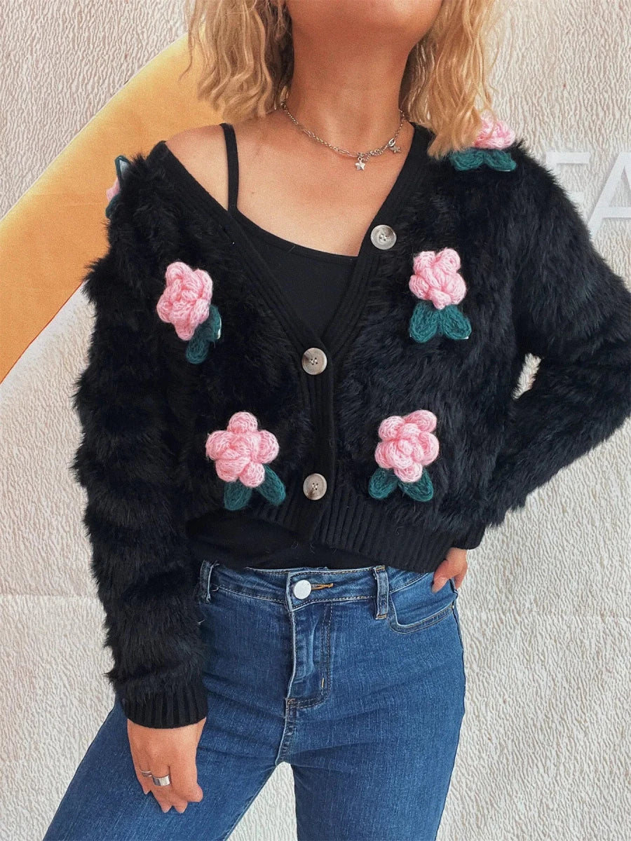 Flower Fuzzy Button - Up Cardigan - 