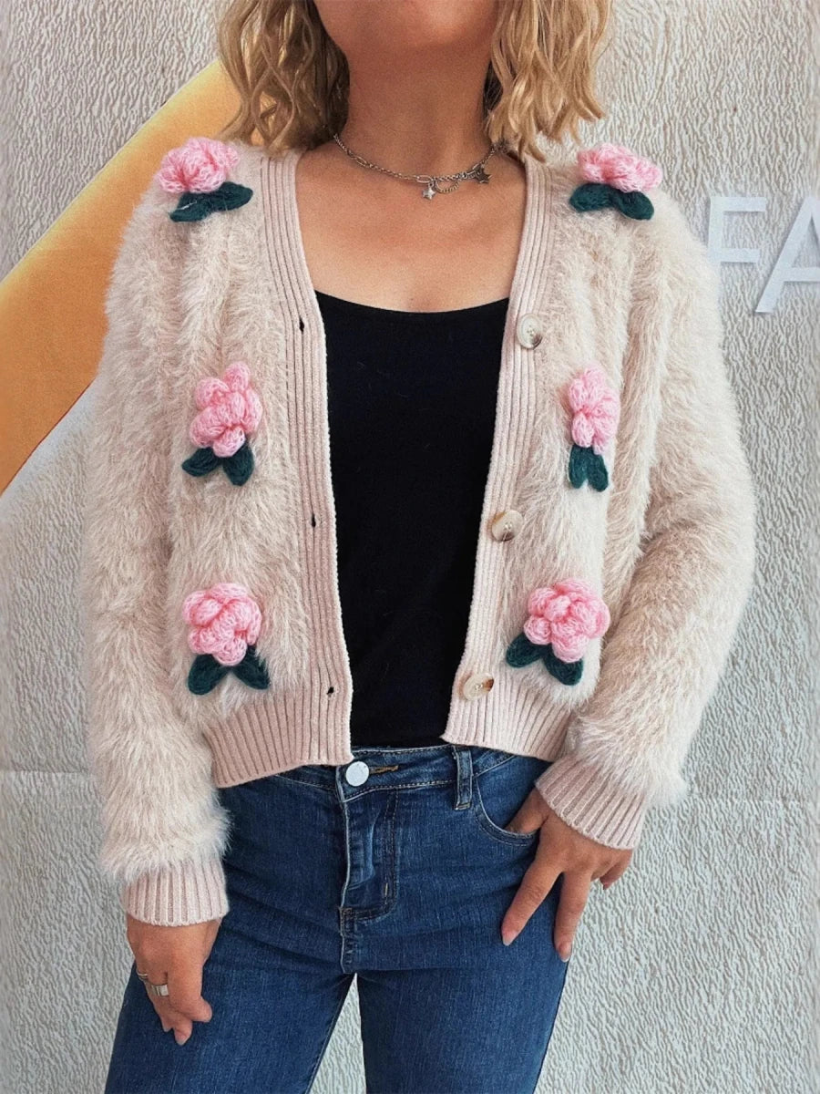 Flower Fuzzy Button - Up Cardigan - 