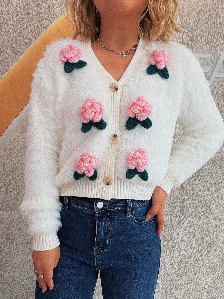 Flower Fuzzy Button - Up Cardigan - 