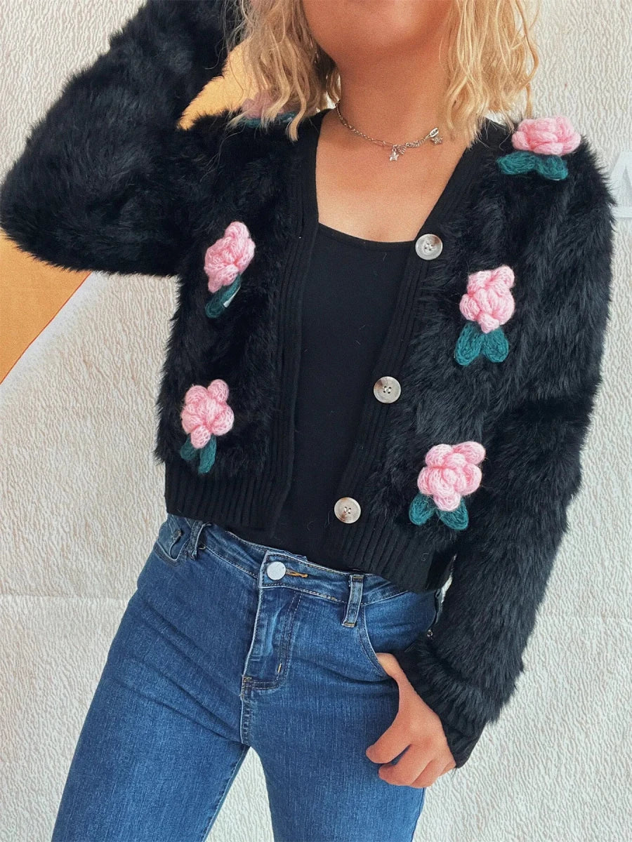 Flower Fuzzy Button - Up Cardigan - 