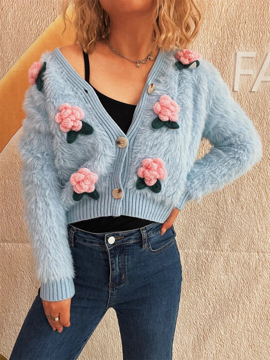 Flower Fuzzy Button - Up Cardigan - 