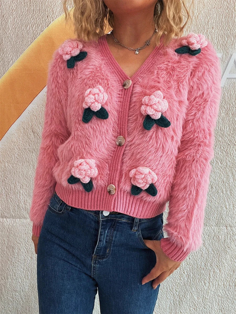 Flower Fuzzy Button - Up Cardigan - 