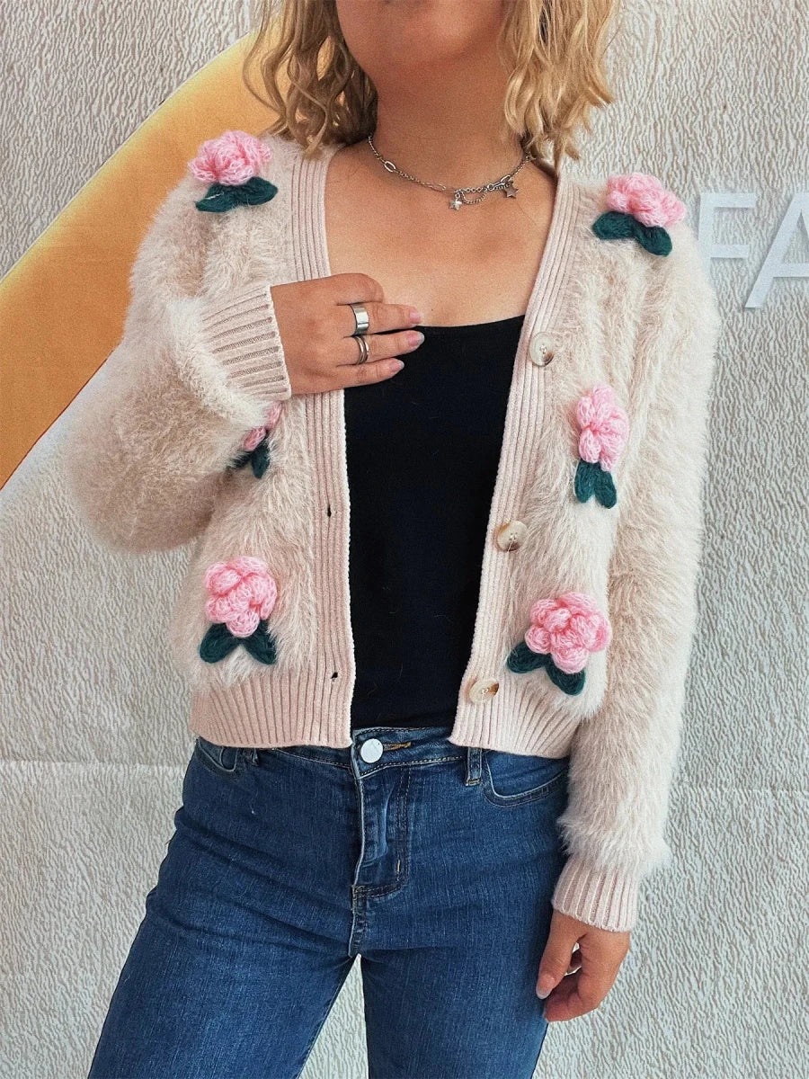 Flower Fuzzy Button - Up Cardigan - 