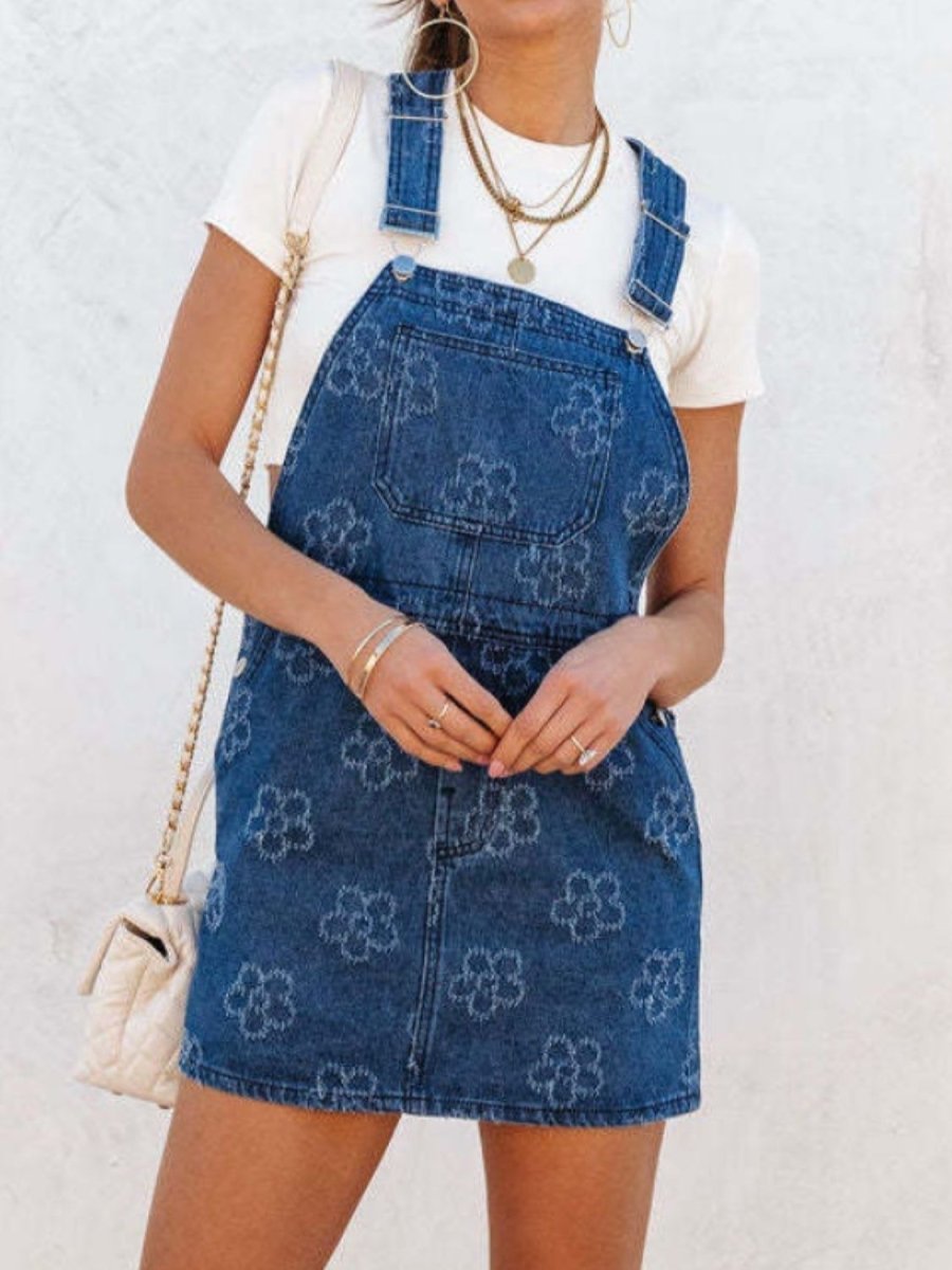 Flower Wide Strap Denim Overall Dress with Pockets - Denim Dress