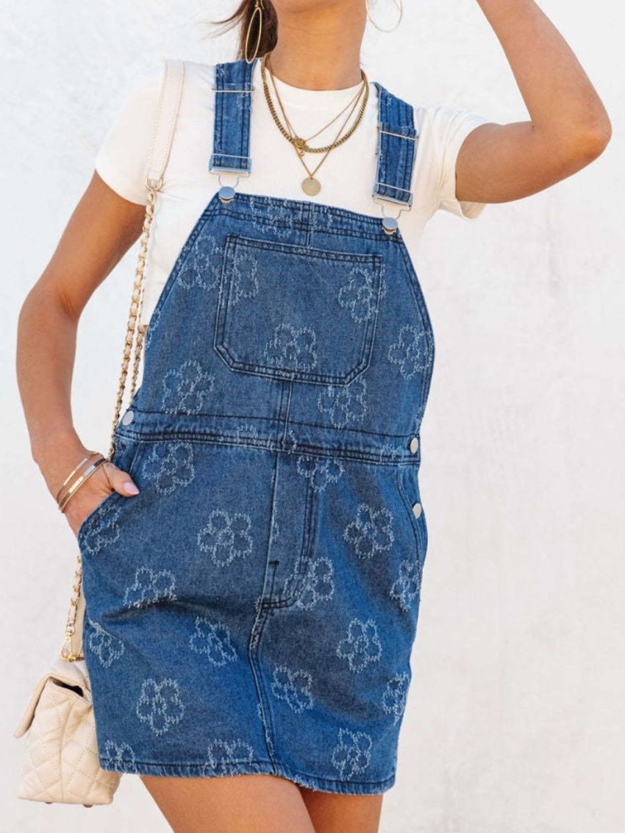 Flower Wide Strap Denim Overall Dress with Pockets - Denim Dress