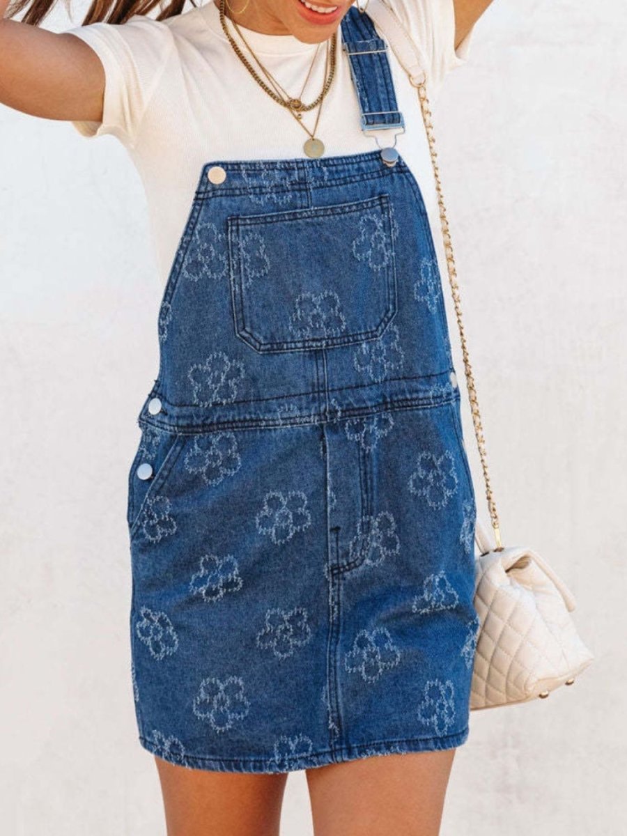 Flower Wide Strap Denim Overall Dress with Pockets - Denim Dress