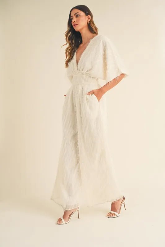 Fluffy Wide Leg Jumpsuit with Deep V - Neck - 