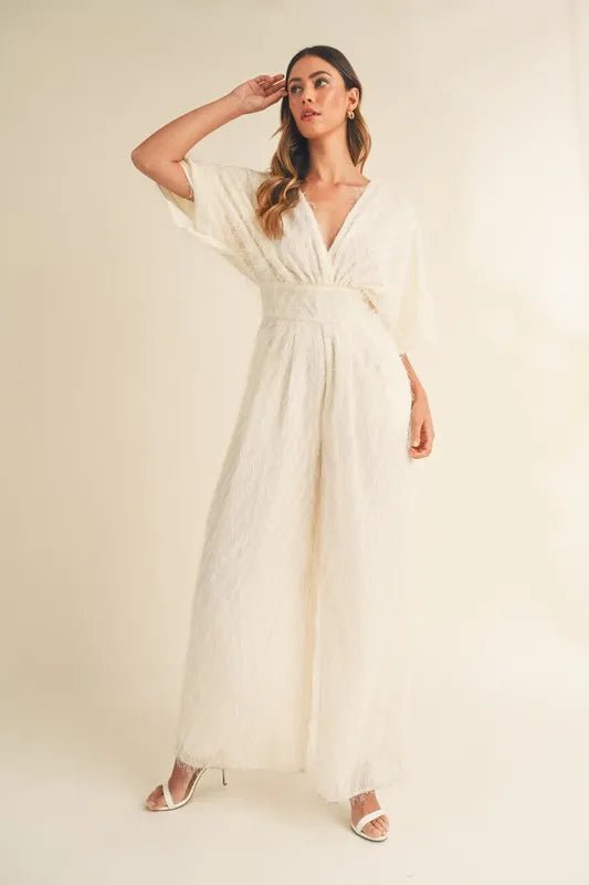 Fluffy Wide Leg Jumpsuit with Deep V - Neck - 