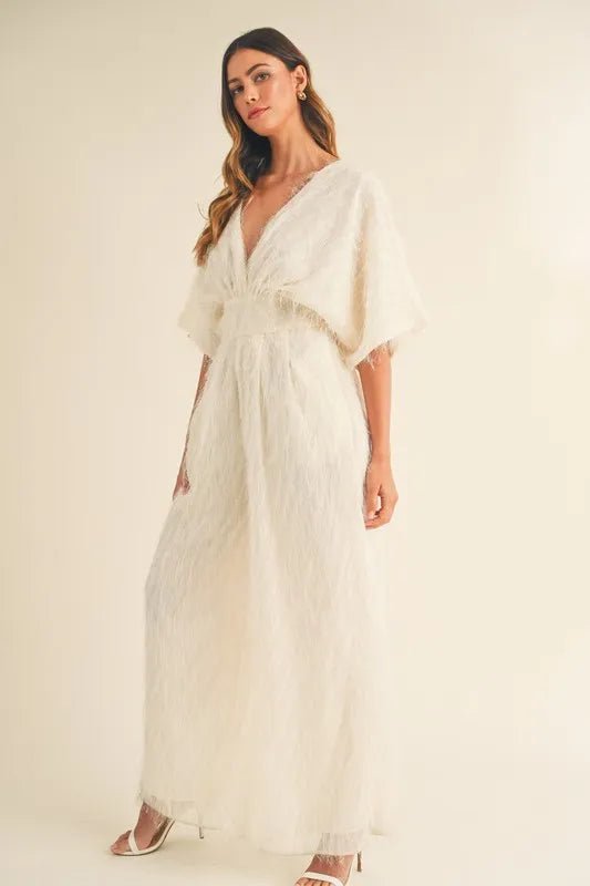 Fluffy Wide Leg Jumpsuit with Deep V - Neck - 