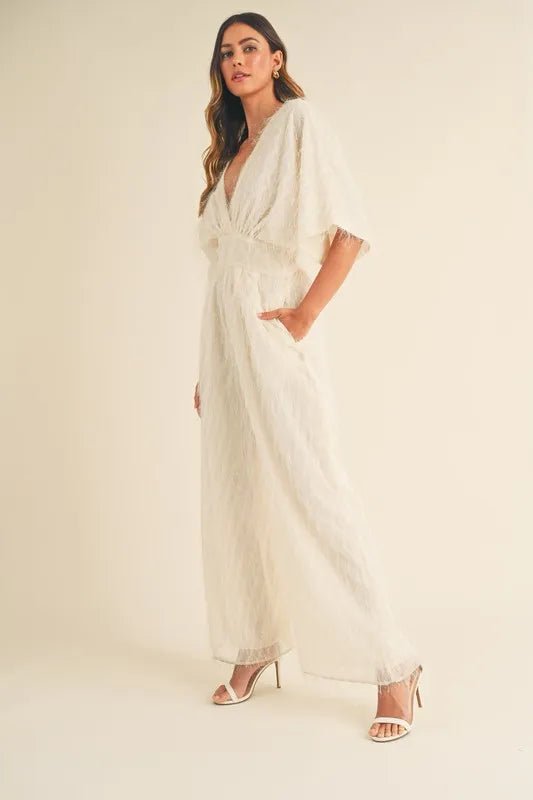 Fluffy Wide Leg Jumpsuit with Deep V - Neck - 