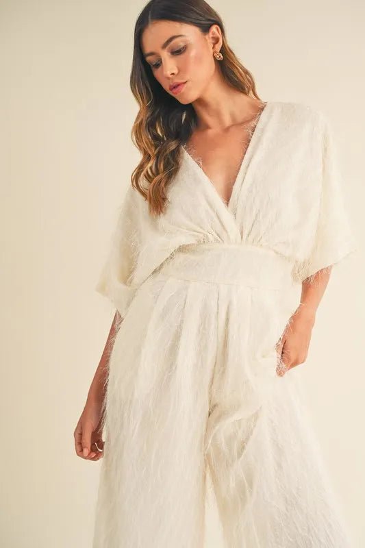 Fluffy Wide Leg Jumpsuit with Deep V - Neck - 