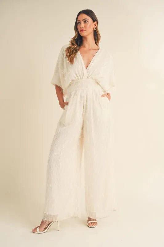 Fluffy Wide Leg Jumpsuit with Deep V - Neck - 