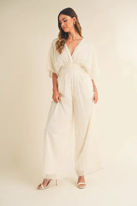 Fluffy Wide Leg Jumpsuit with Deep V - Neck - 