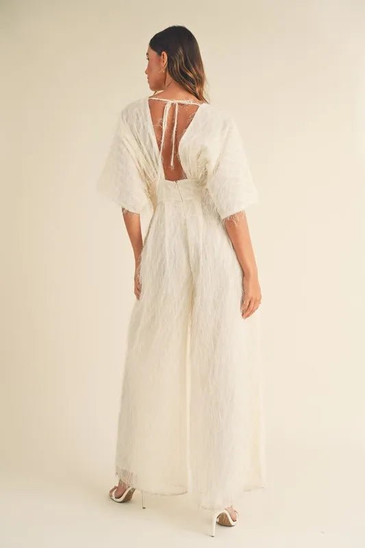Fluffy Wide Leg Jumpsuit with Deep V - Neck - 