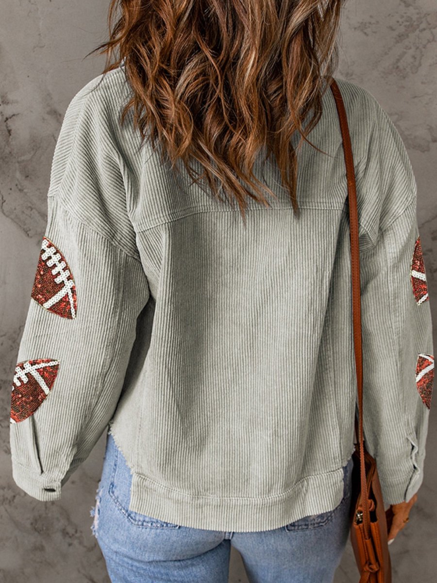 Football Sequin Button Up Dropped Shoulder Jacket - Outerwear