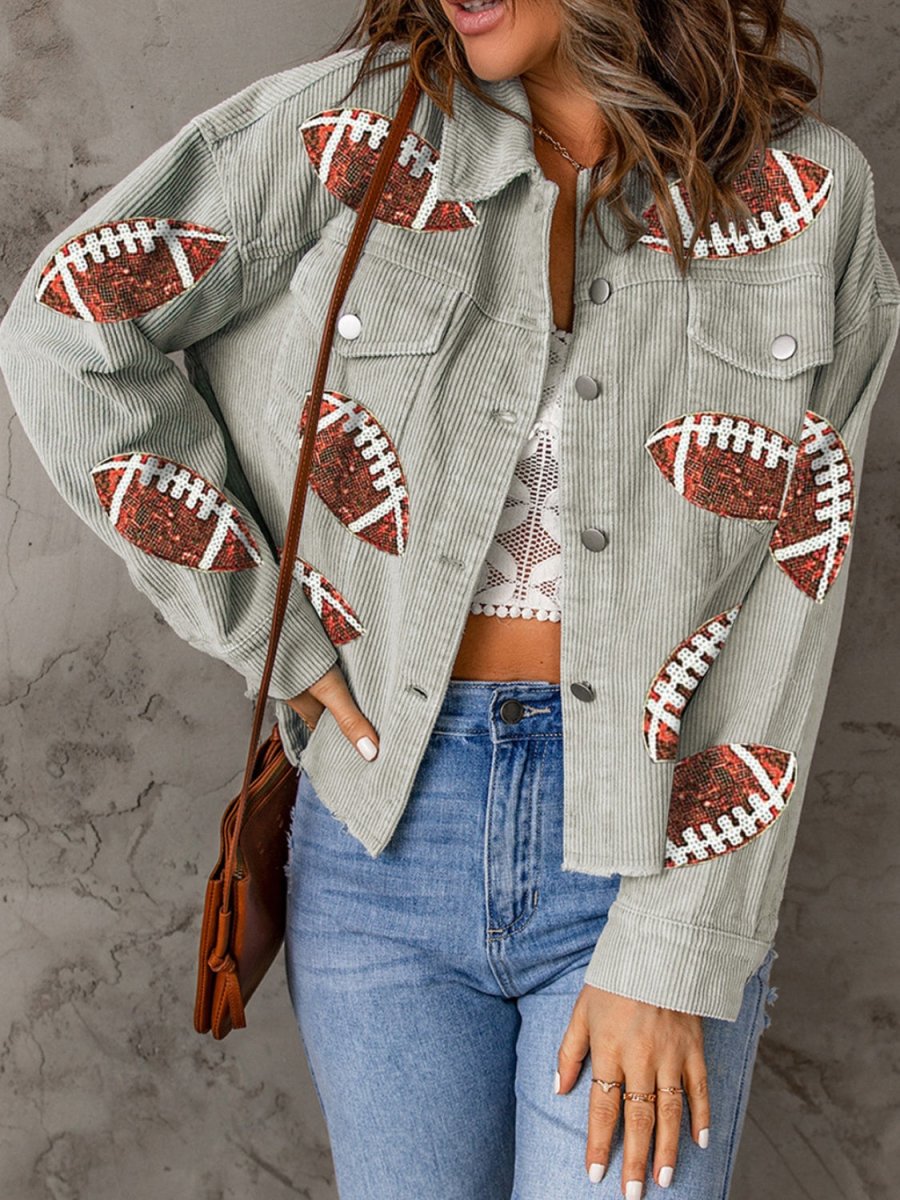 Football Sequin Button Up Dropped Shoulder Jacket - Outerwear
