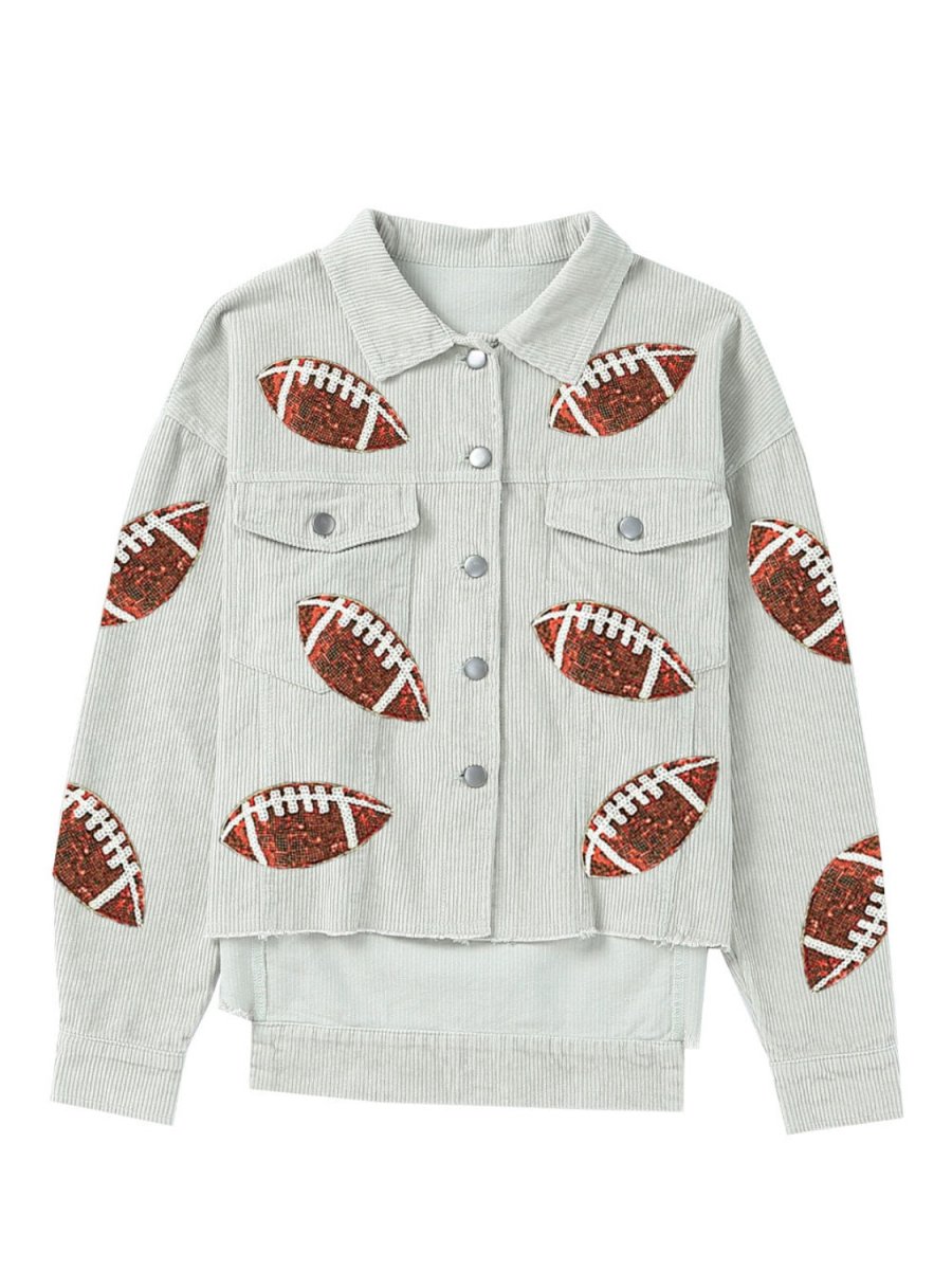 Football Sequin Button Up Dropped Shoulder Jacket - Outerwear