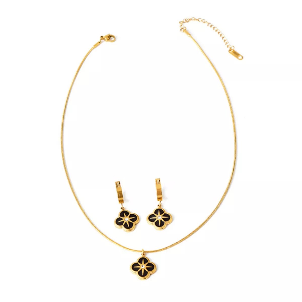 Four - Leaf Clover Necklace & Earrings Set - 