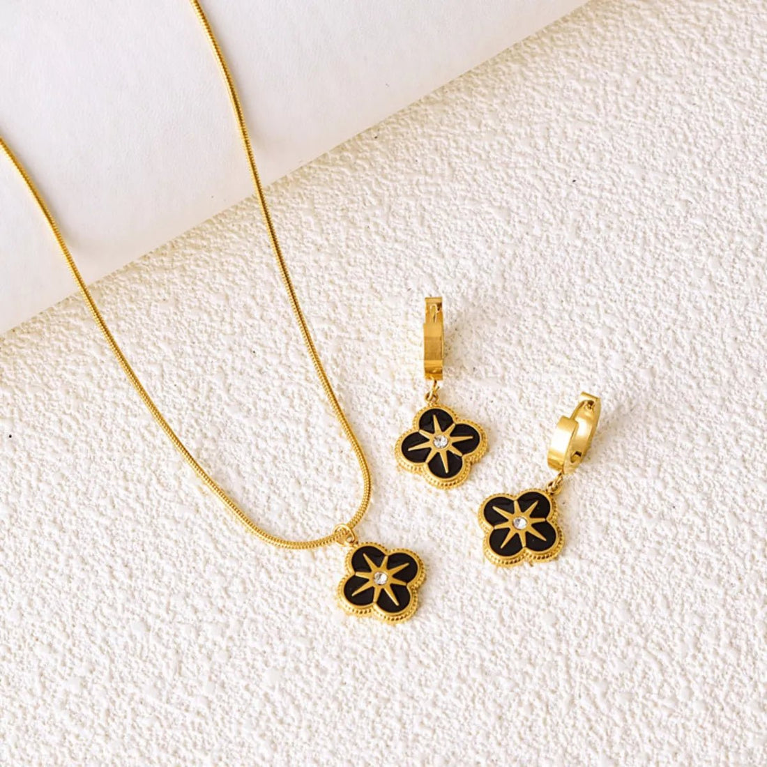 Four - Leaf Clover Necklace & Earrings Set - 