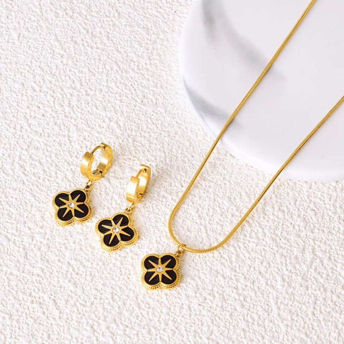 Four - Leaf Clover Necklace & Earrings Set - 