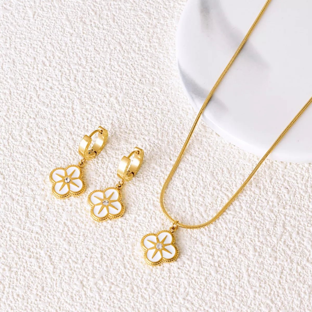 Four - Leaf Clover Necklace & Earrings Set - 