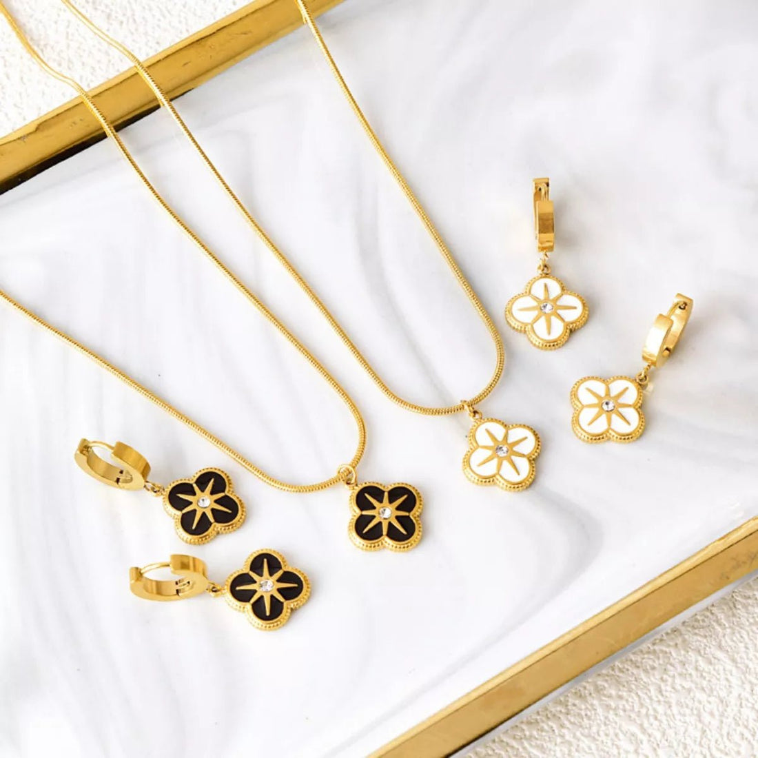 Four - Leaf Clover Necklace & Earrings Set - 