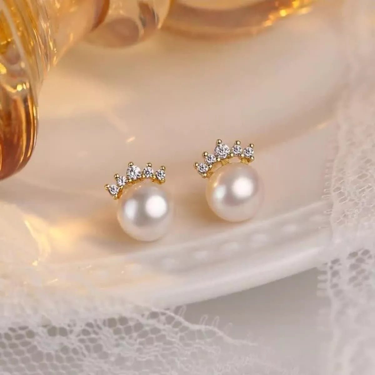 Freshwater Pearl Stud Earrings with Zircon - 