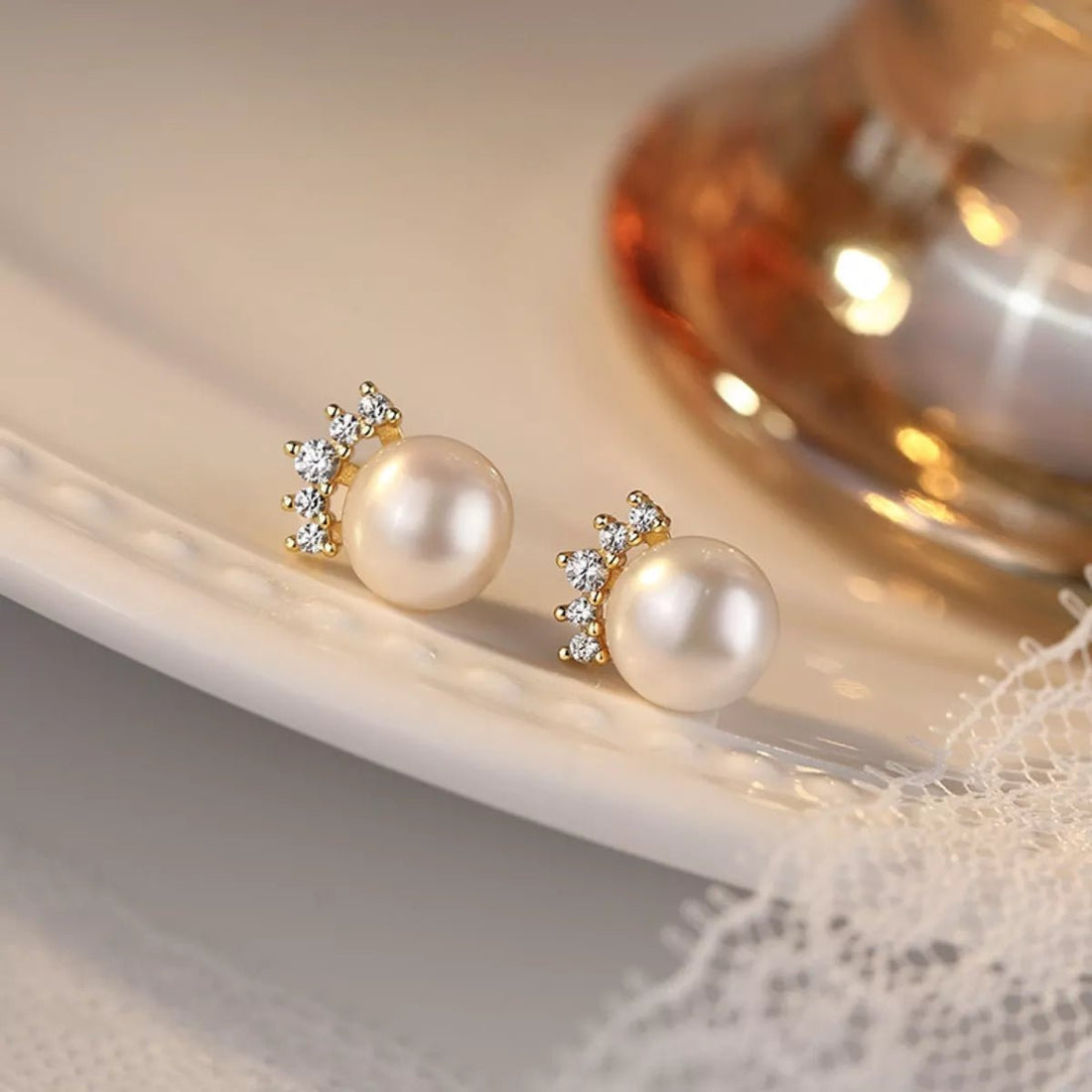 Freshwater Pearl Stud Earrings with Zircon - 
