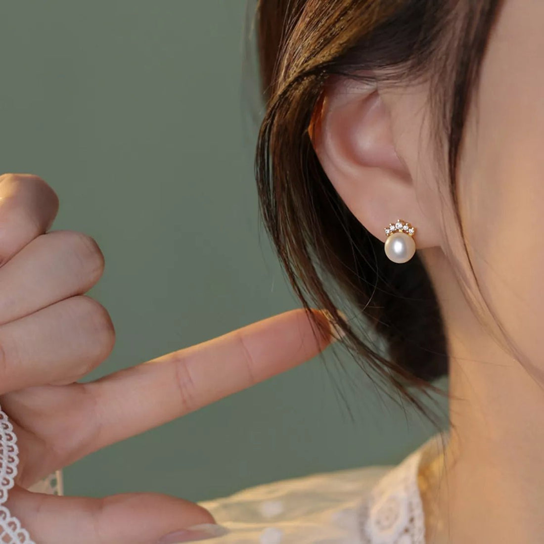 Freshwater Pearl Stud Earrings with Zircon - 