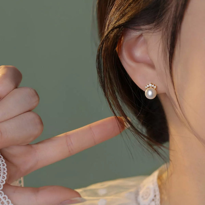 Freshwater Pearl Stud Earrings with Zircon - 