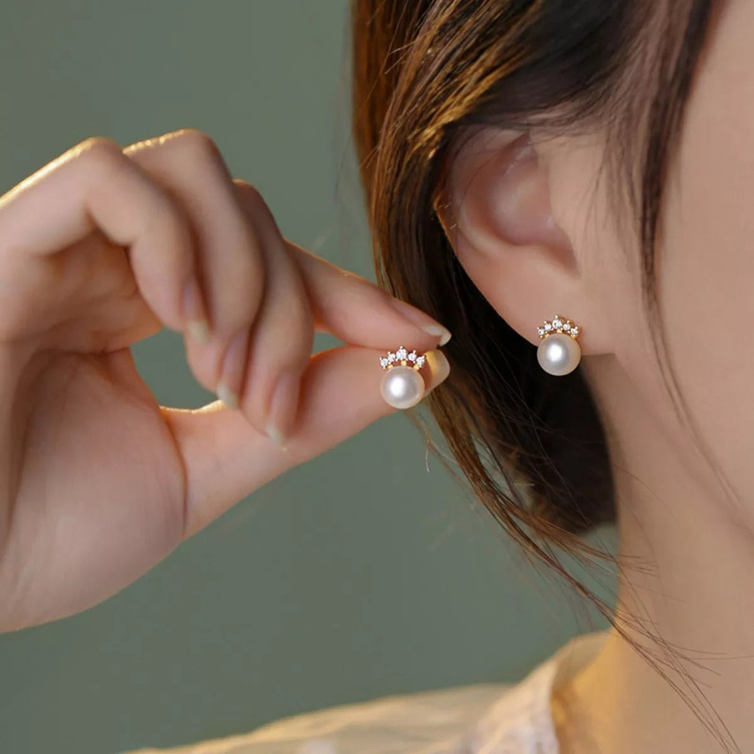 Freshwater Pearl Stud Earrings with Zircon - 