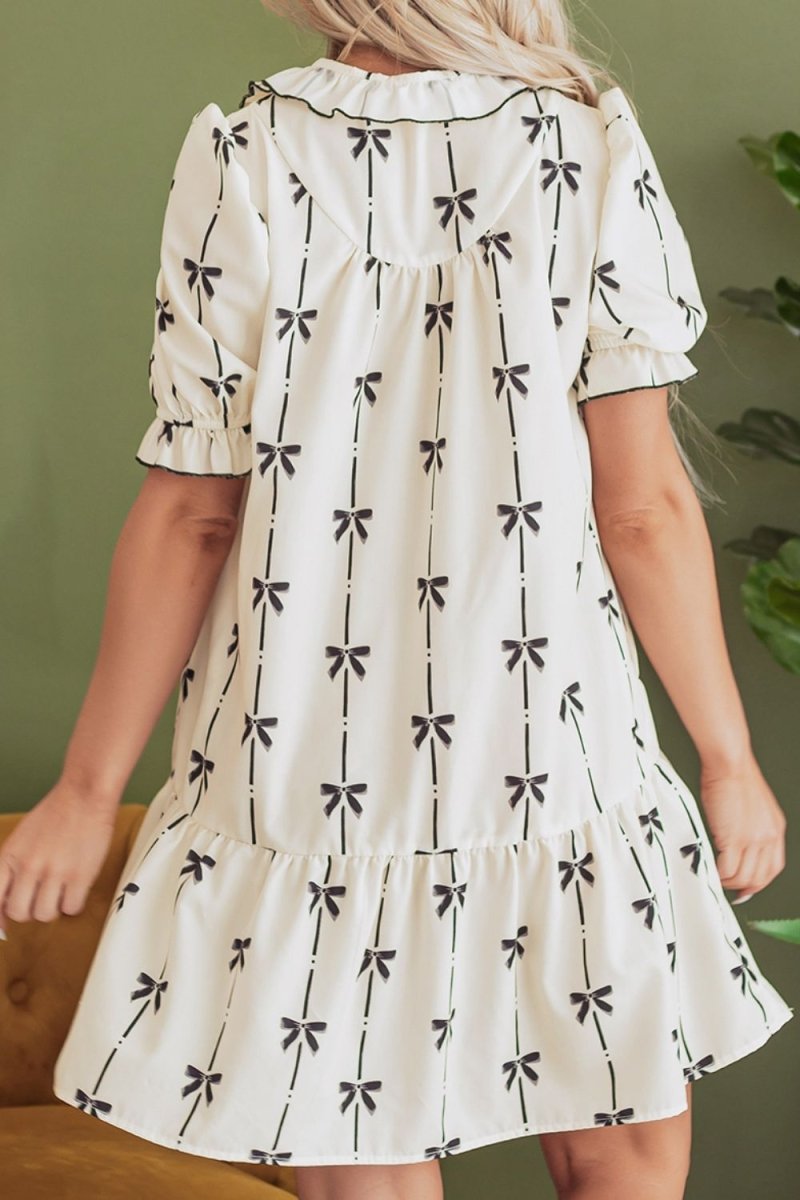 Frill Bow Print Notched Short Sleeve Mini Dress - New Arrivals