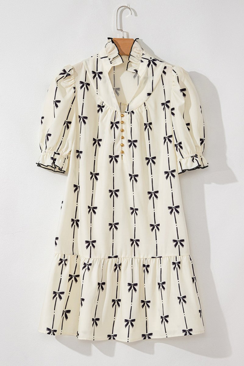 Frill Bow Print Notched Short Sleeve Mini Dress - New Arrivals