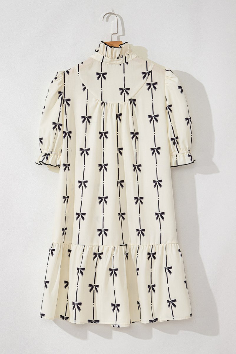 Frill Bow Print Notched Short Sleeve Mini Dress - New Arrivals