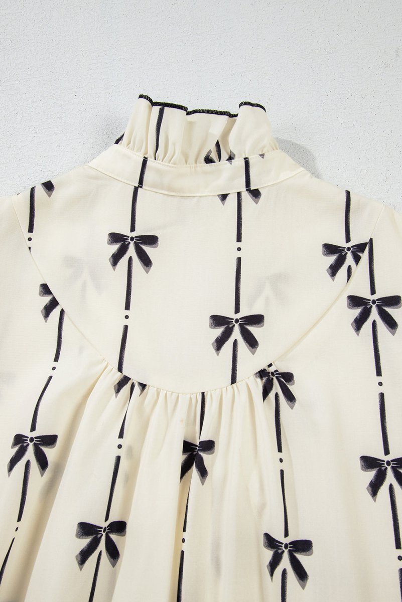 Frill Bow Print Notched Short Sleeve Mini Dress - New Arrivals
