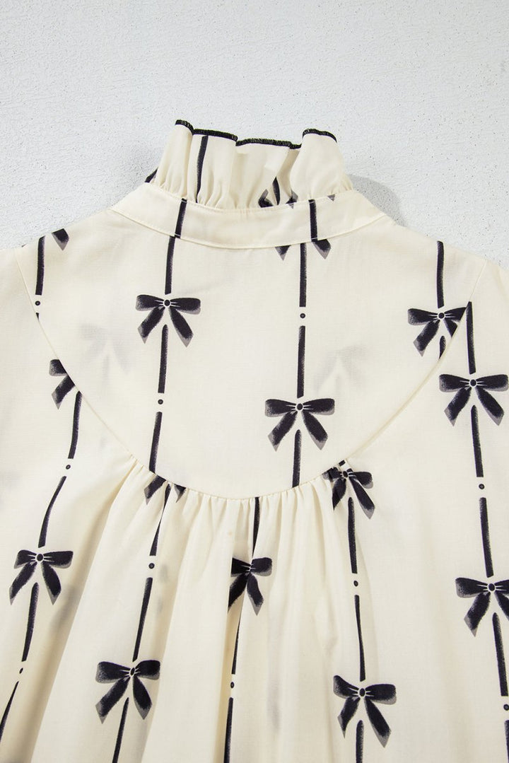 Frill Bow Print Notched Short Sleeve Mini Dress - New Arrivals