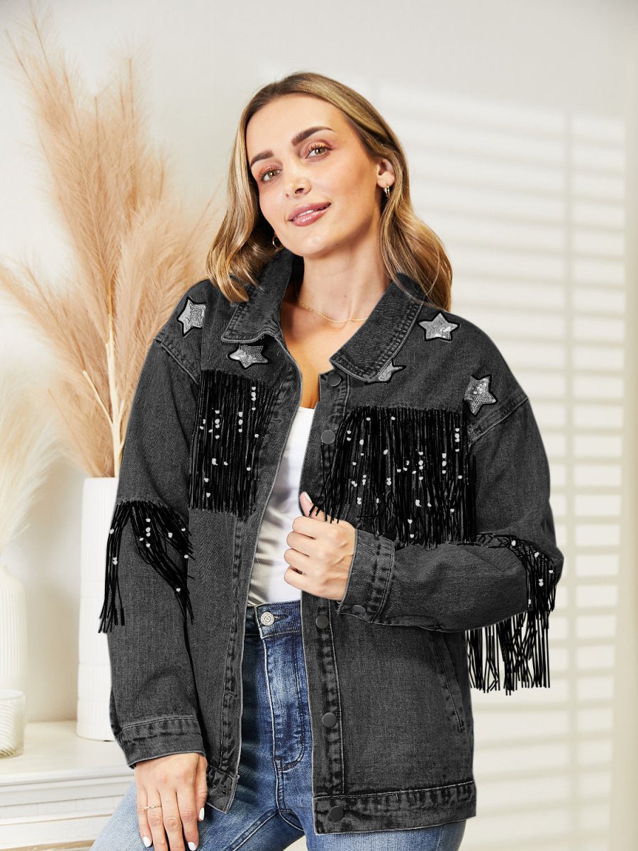 Fringe Detail Long Sleeve Denim Jacket - Outerwear